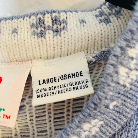 Vintage Christmas Sweater Large Blue Cottage Theme Sleigh Ride Horse Cabin USA - Picture 4 of 14